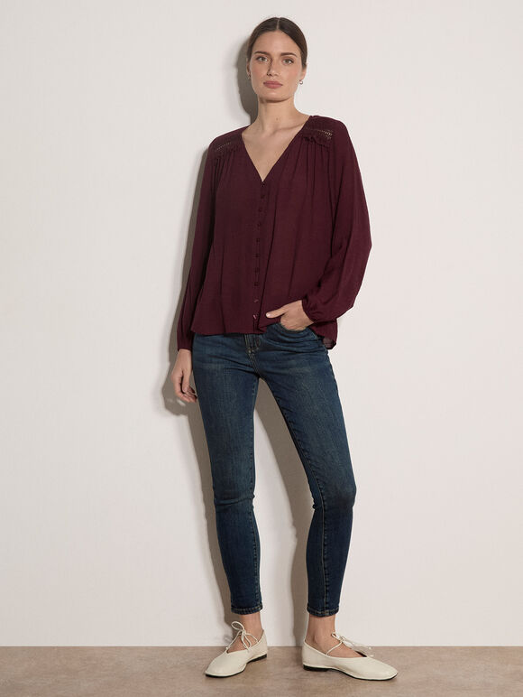 Crochet Insert Shimmer Blouse, Burgundy, large