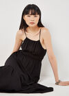 Drawstring Neck Smocked Midi Dress, Black, large