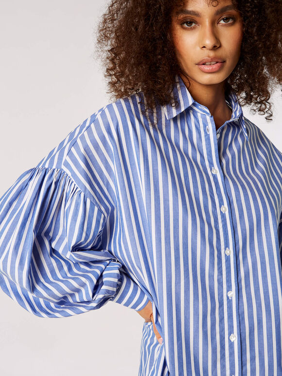 Oversized Stripe Cotton Shirt, Blue, large