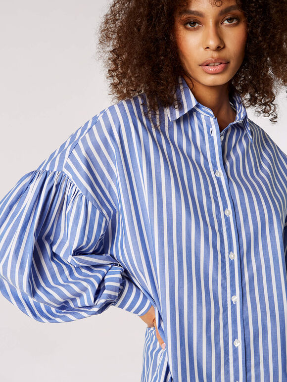 Oversized Stripe Cotton Shirt, Blue, large