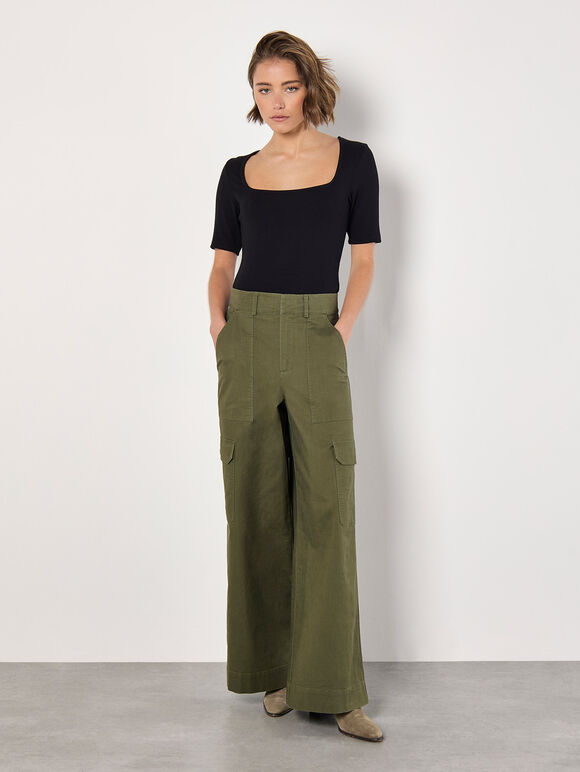 Wide Leg Cotton Cargo Trousers, Khaki, large