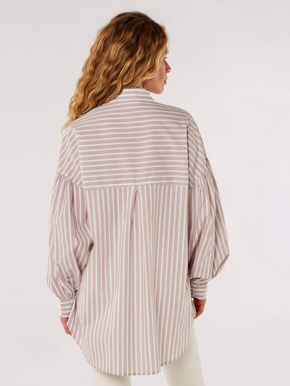 Oversized Stripe Cotton Shirt, Brown, large