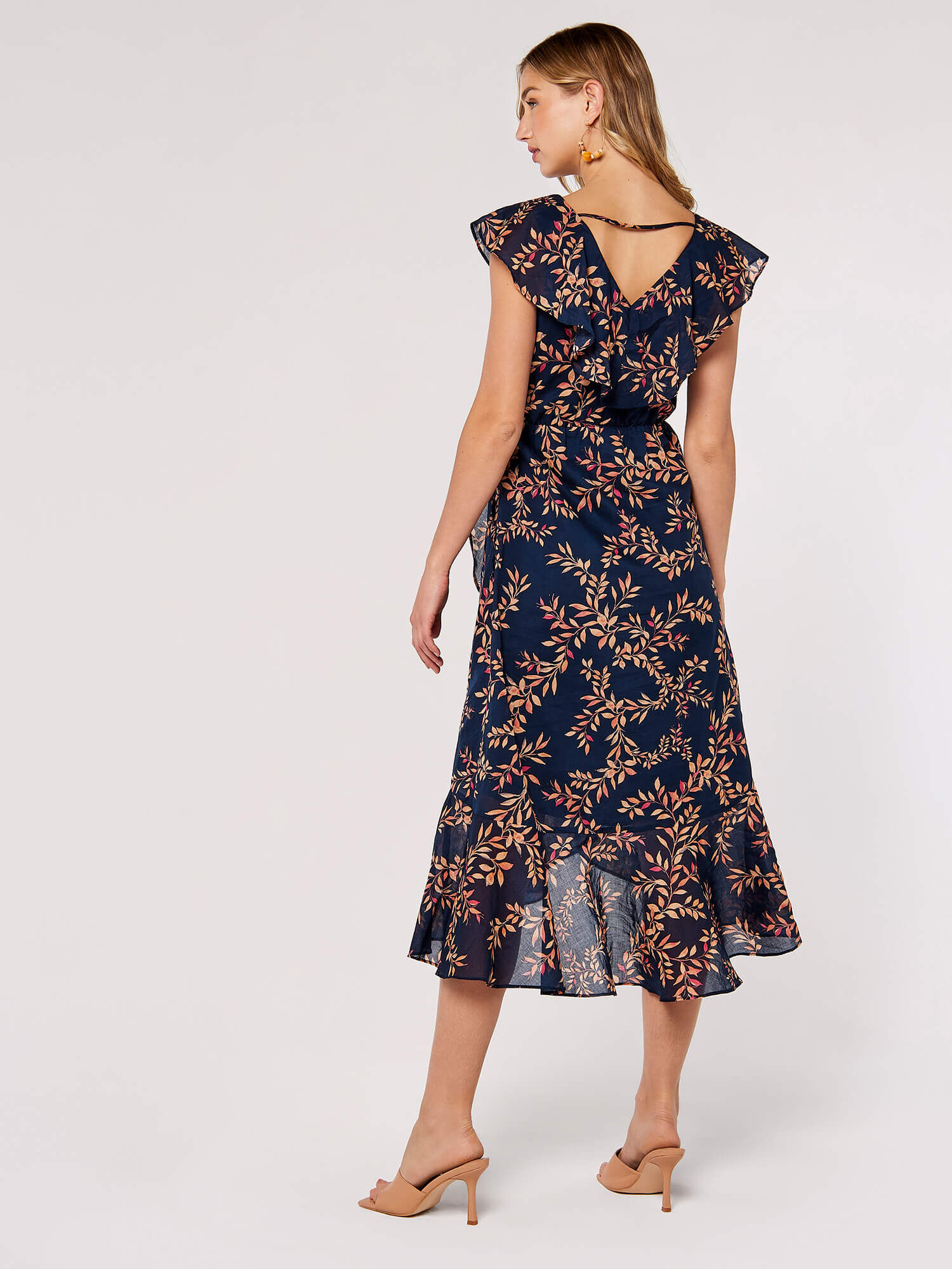 Leaf Ruffle Midi Dress Apricot Clothing
