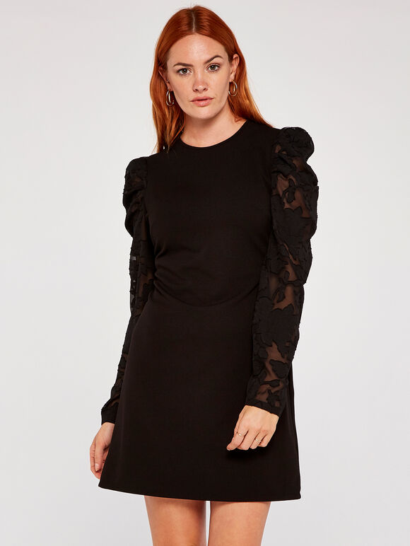 Sheer Puff Sleeve Bodycon Dress, Black, large