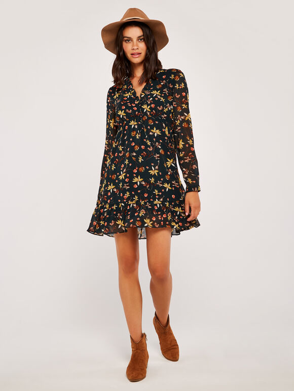 Painterly Floral Ruffle Mini Dress, Green, large