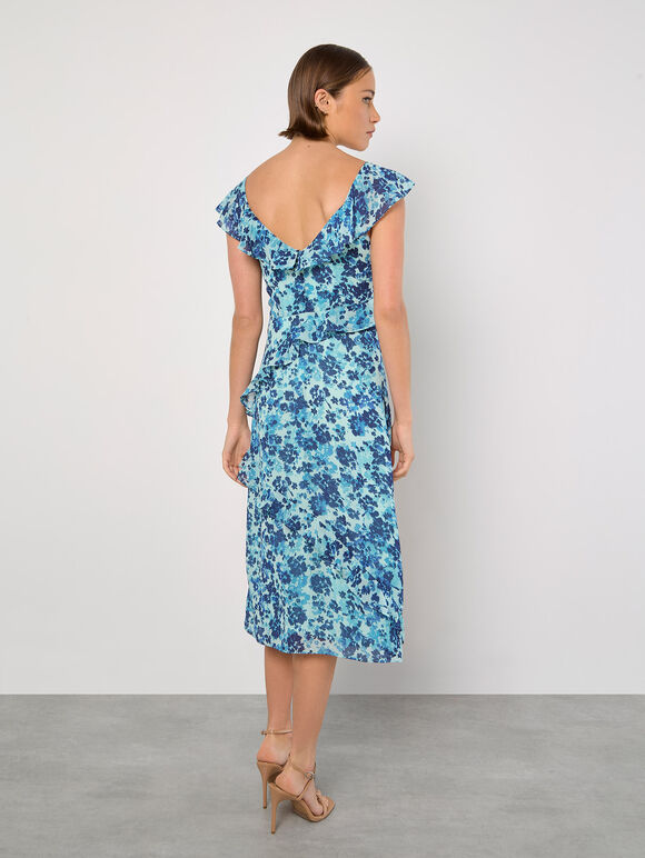 Floral Asymmetric Ruffle Midaxi Dress, Aqua - Turquoise, large