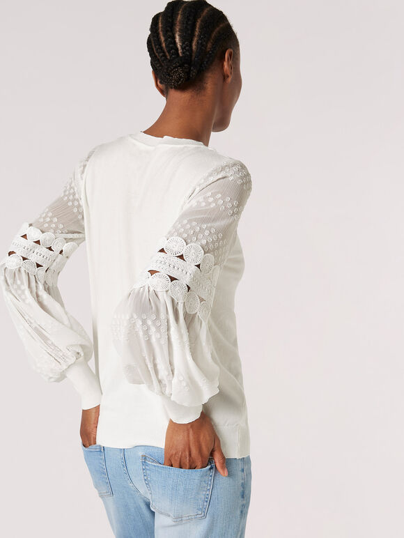 Contrast Chiffon Sleeves Jumper, Cream, large