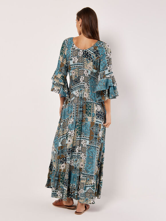 Patchwork Scarf Print Maxi Dress, Blue, large