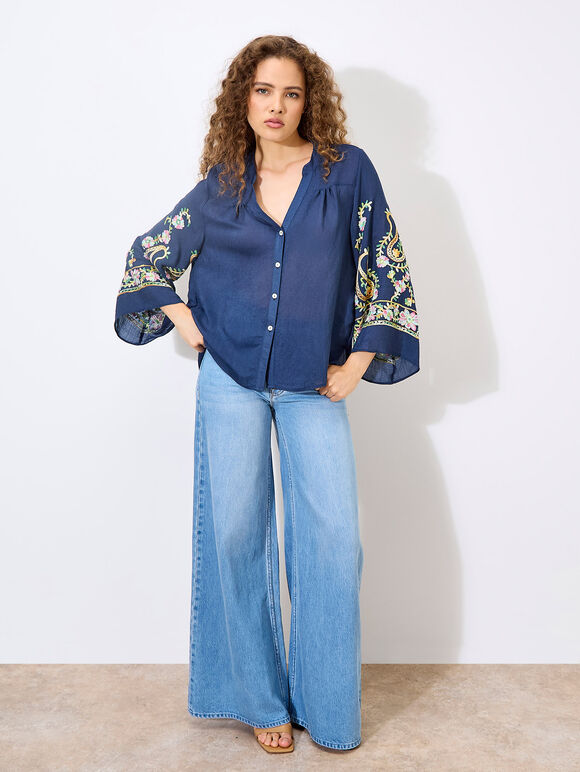 Paisley Embroidered Bell Sleeve Blouse, Navy, large