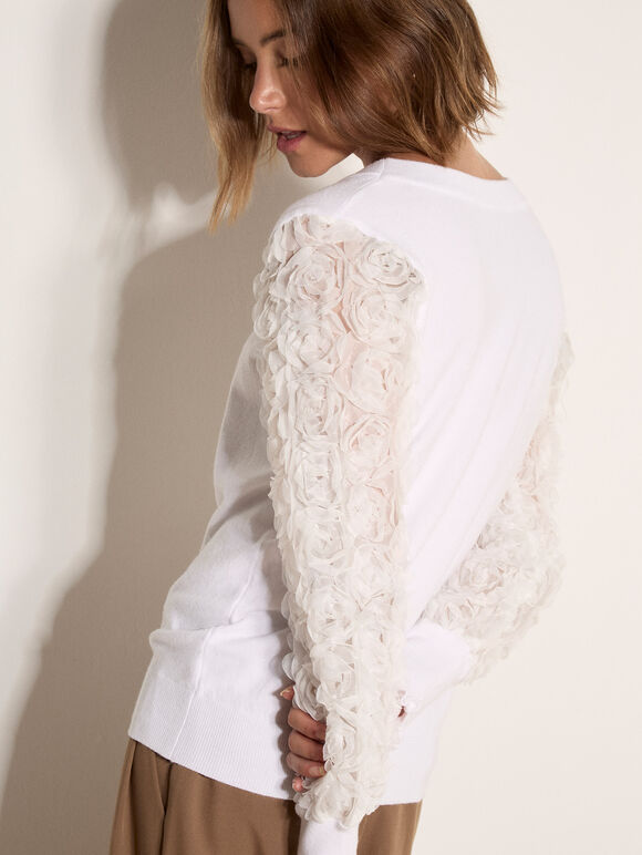 Rose Sleeve Knitted Jumper, White, large