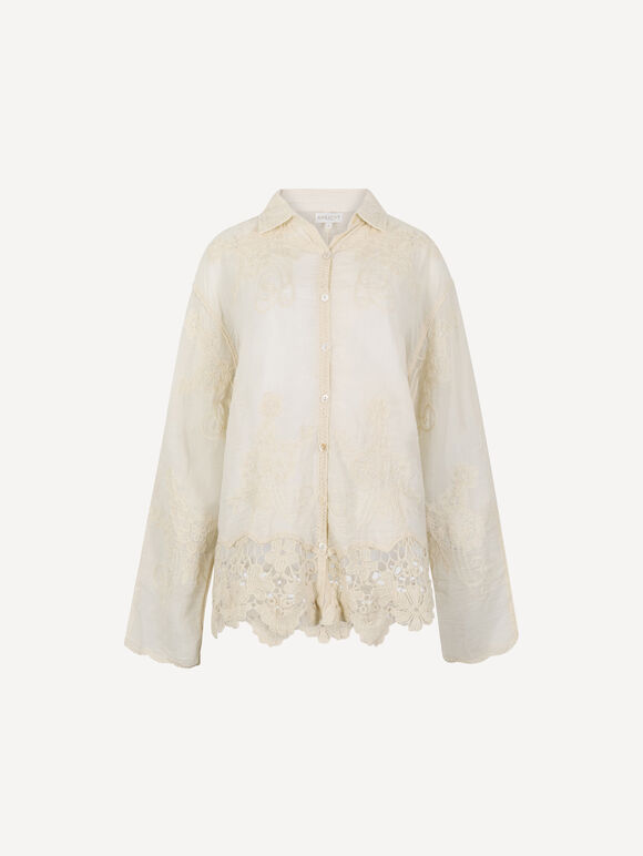 Embroidered Mesh Lace Oversized Shirt, Stone, large