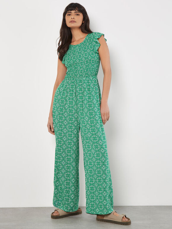 Mosaic Ruffle Sleeve Jumpsuit, Green, large