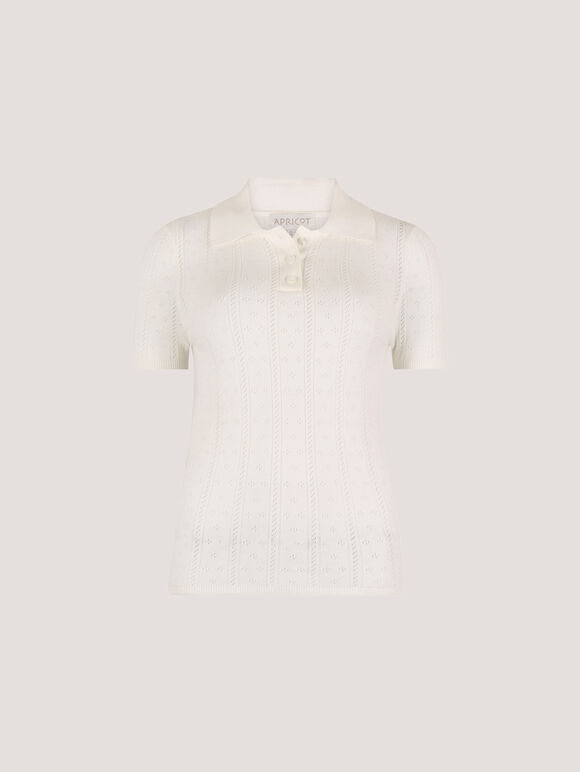 Pointelle Knit Polo T-Shirt, Cream, large