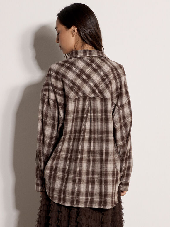Check Print Oversized Shirt, Brown, large