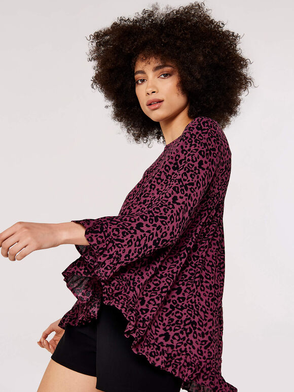 Animal Print Ruffle Top , Burgundy, large