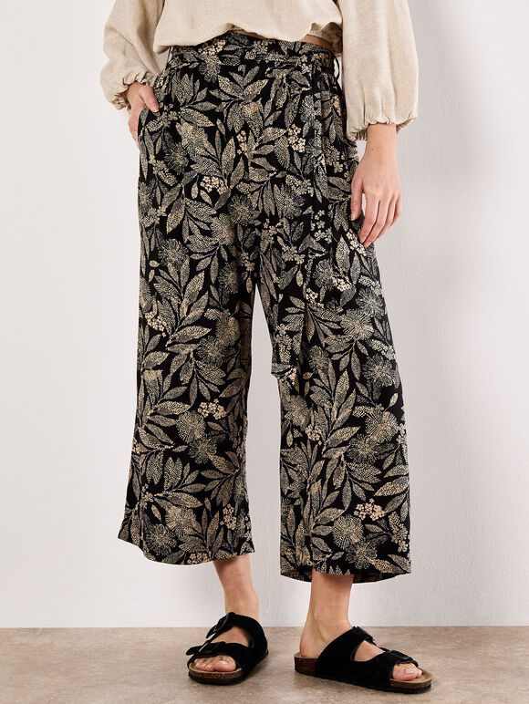 Batik Leaf Culotte Trousers, Black, large