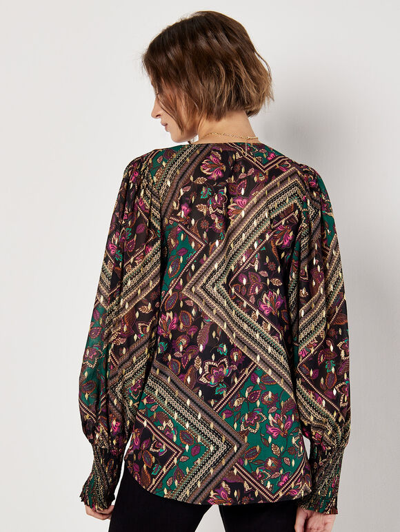 Gold Foil Floral Blouse, Black, large