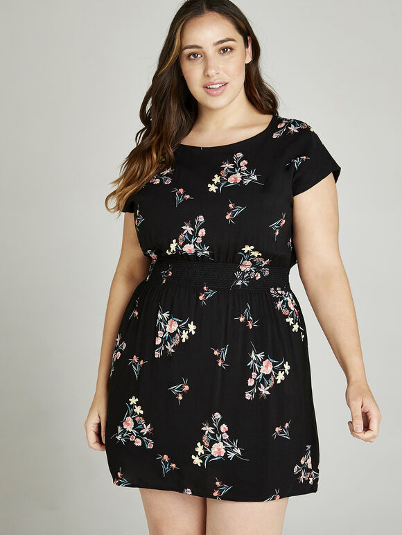 Floral Bunches Shirred Waist Dress +, Black, large