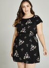 Floral Bunches Shirred Waist Dress +, Black, large