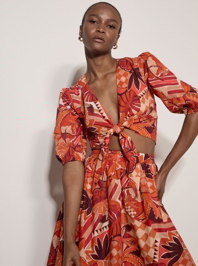 Tropical Leaf Patchwork Tie Front Top, Red, large