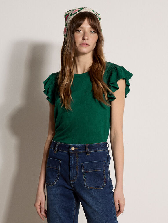 Soft Slub Ruffle Sleeve T-Shirt, Green, large