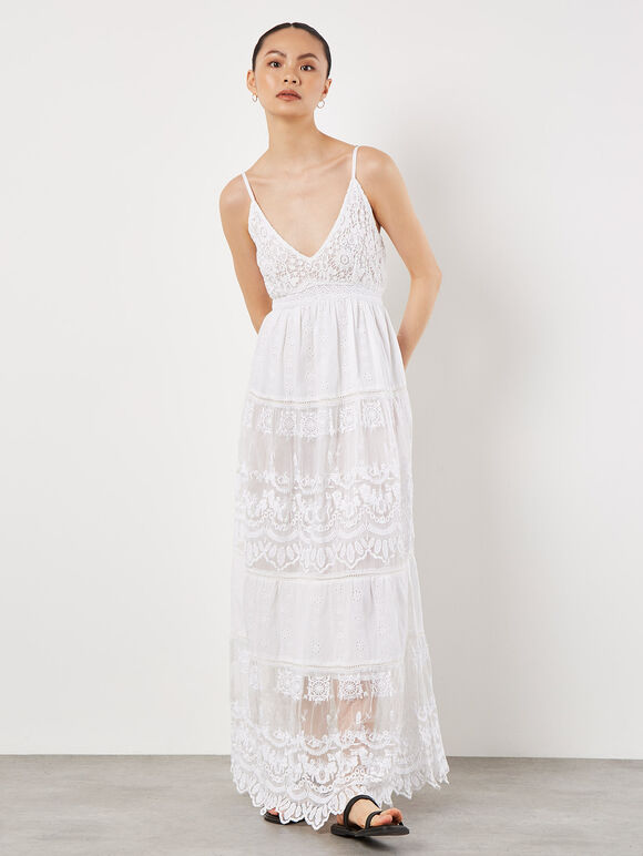 Embroidered Mesh Tiered Maxi Dress, Cream, large
