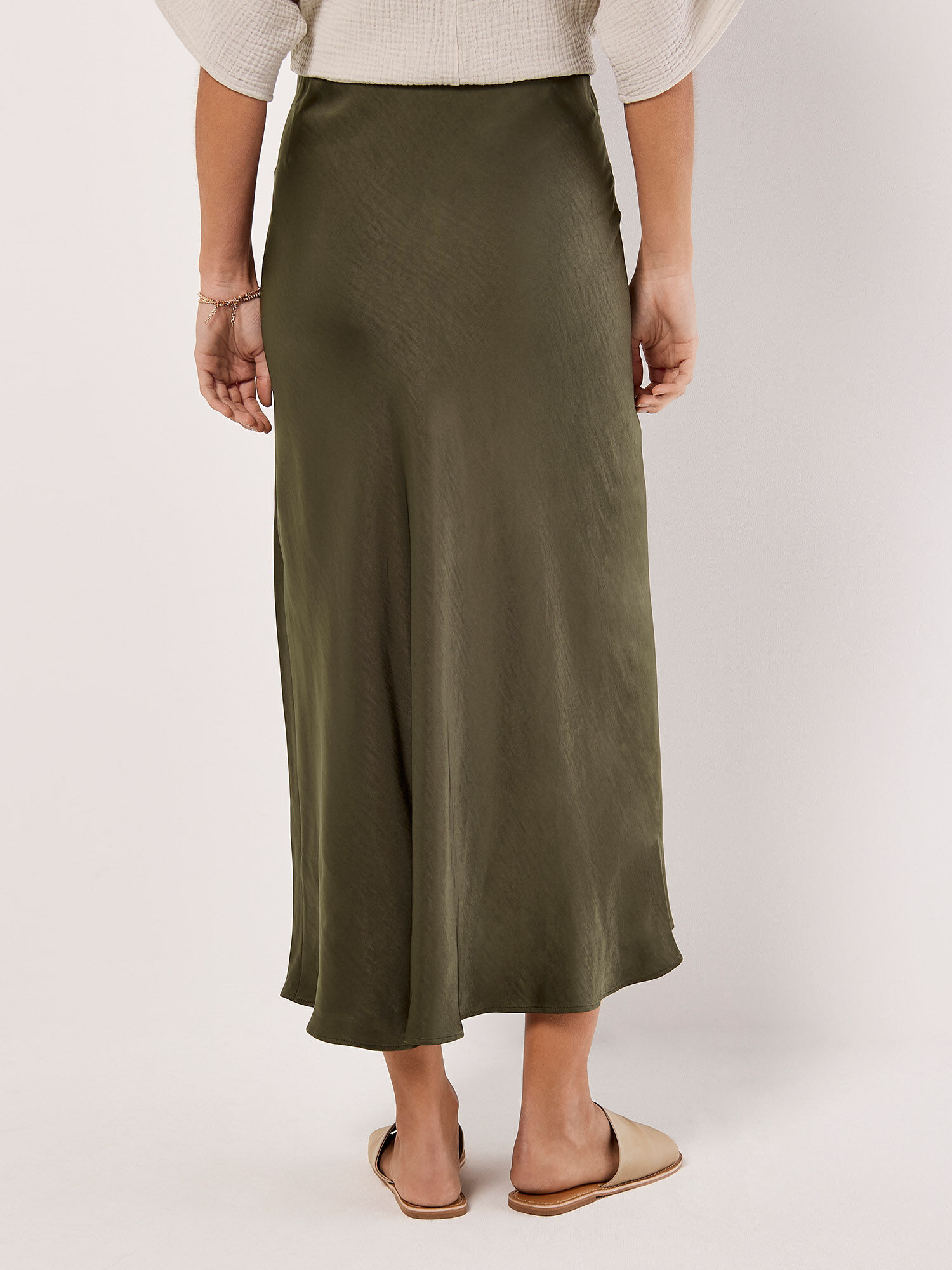 Satin bias cut midi skirt khaki discount