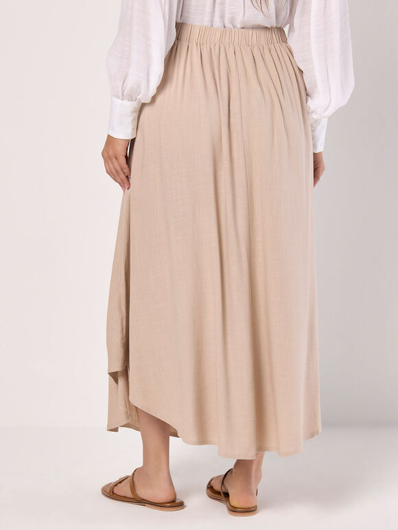 Linen Blend Hanky Hem Midi Skirt, Stone, large