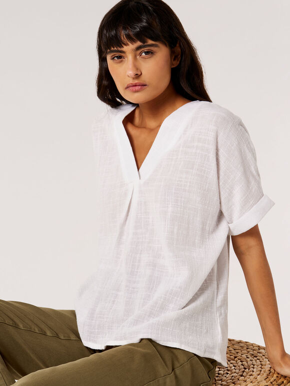 Relaxed-Fit V-Neck Blouse, White, large