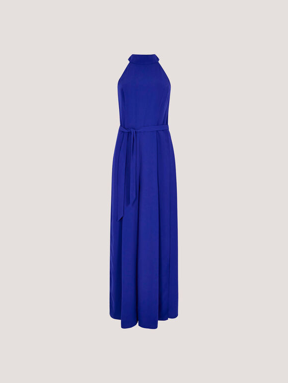 Halter Neck Split Leg Jumpsuit, Blue, large