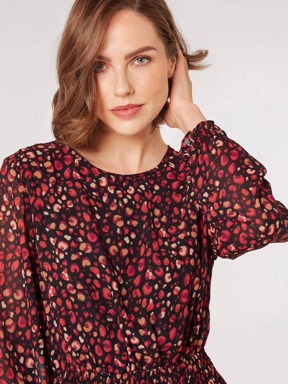 Animal Print Chiffon Mini Dress, Burgundy, large