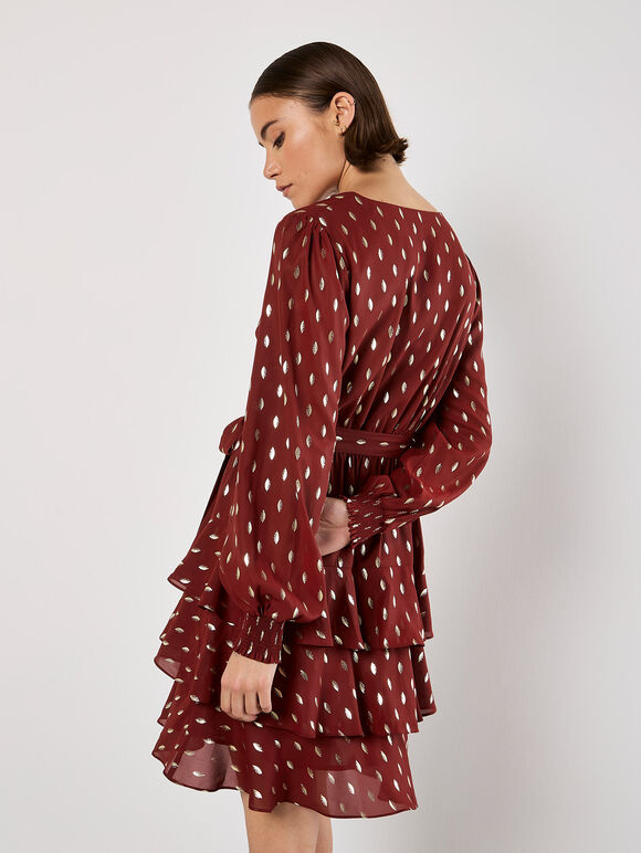 Gold Foil Spot Tiered Mini Dress, Burgundy, large