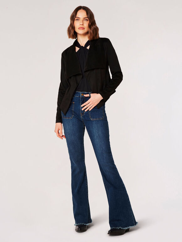 Cropped Suede Waterfall Jacket, Black, large