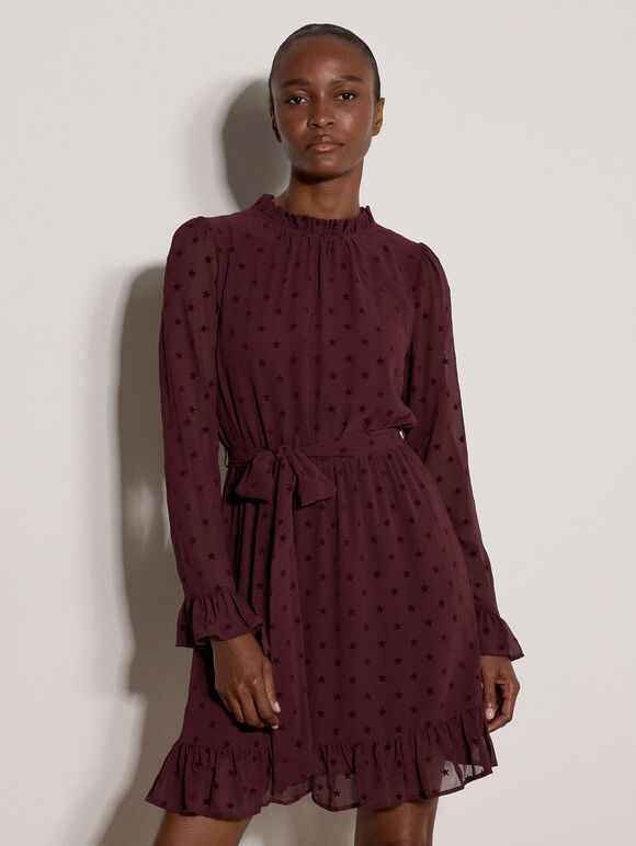 Flocked Star Crepe Mini Dress, Plum, large