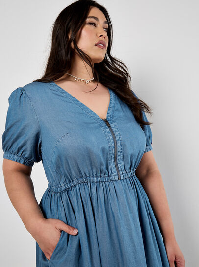 Denim Zip Tiered Midi Dress