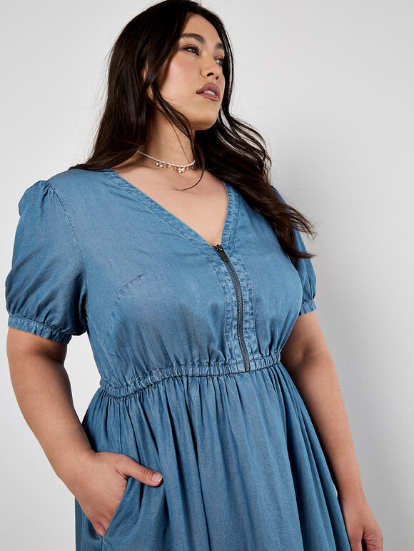 Denim Zip Tiered Midi Dress, Blue, large