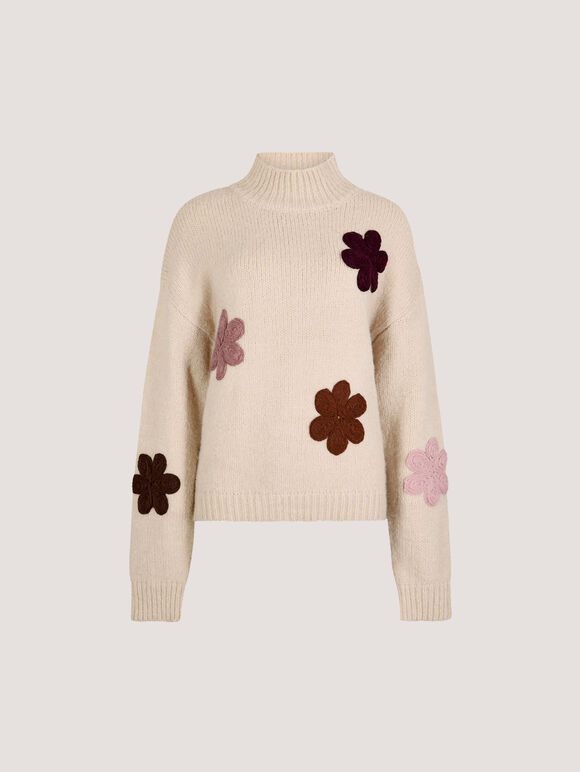 Embroidered Flower Chunky Knit Jumper, Stone, large