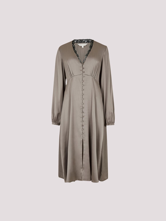 Lace Trim Satin Midi Dress, Grey, large