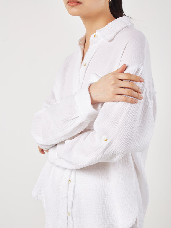 Textured Cotton Oversized Shirt, White, large