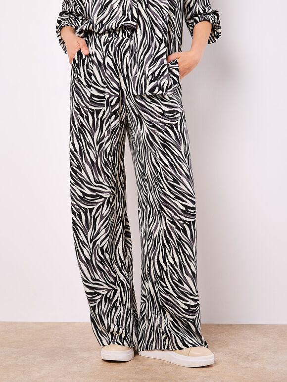 Zebra Print Wide Leg Trousers, Stone, large