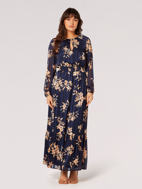 Silhouette Floral Satin Shimmer Maxi Dress, Navy, large