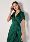 Satin Ruffle Wrap Maxi Dress, Green, large