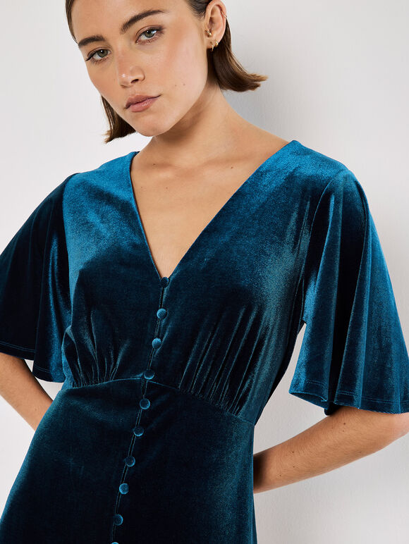 Velvet Button-Down Mini Dress, Teal, large