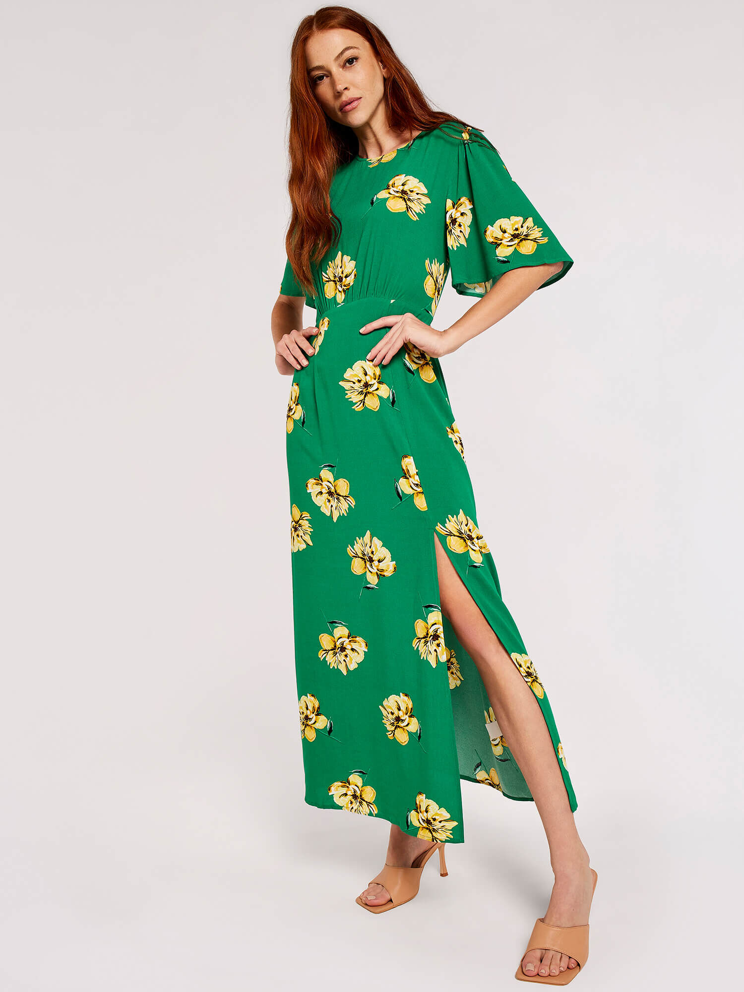 Floral Print Side Slit Maxi Dress Green