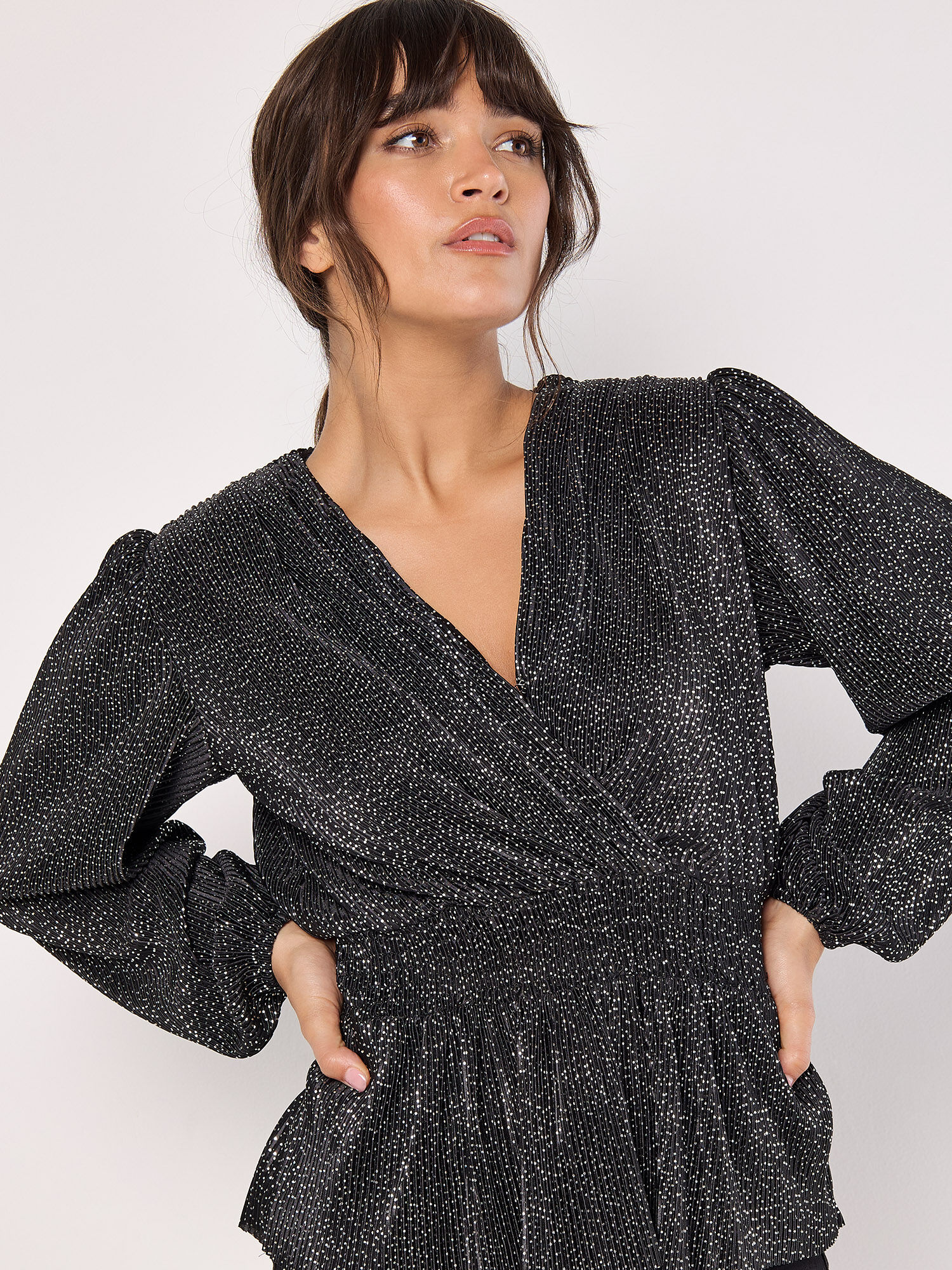 Metallic Spot Plisse Peplum Wrap Top Apricot Clothing