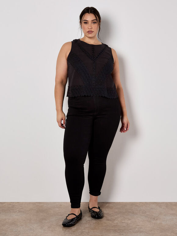 Cotton Lace Bow Top, Black, large