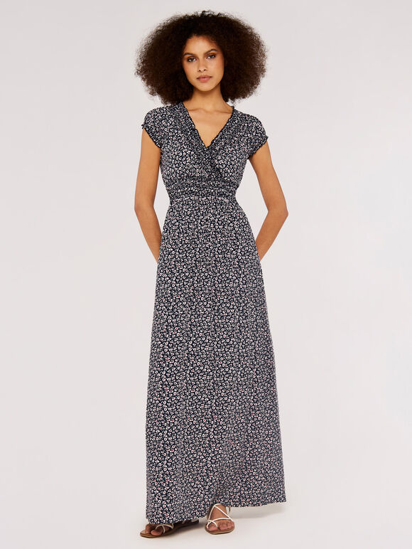 Ditsy Smock Maxi Dress, Navy, large
