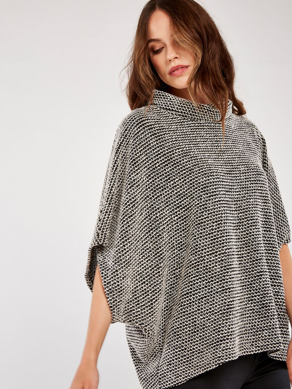 Roll Neck Boucle Cape Top, Black, large