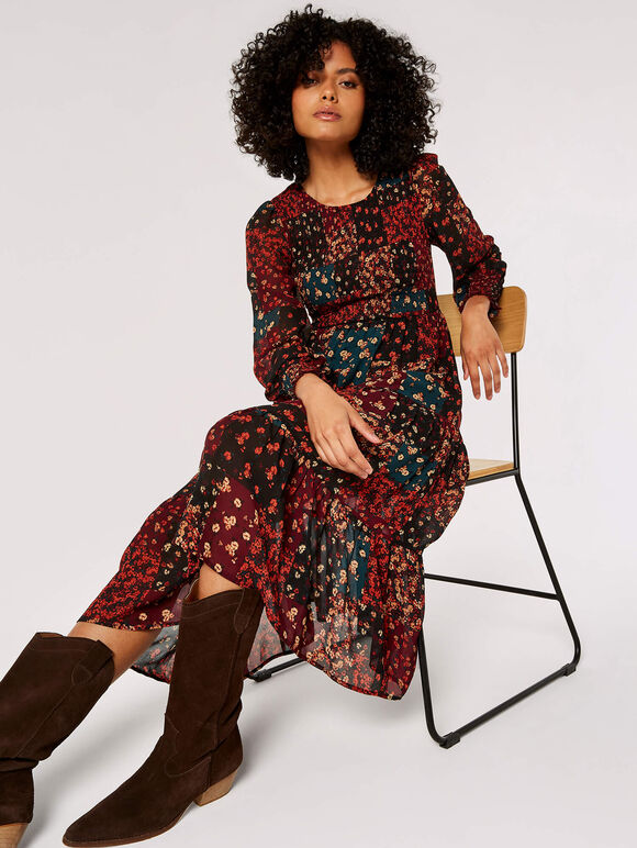 Patchwork Ditsy Midi Dress, Black, large