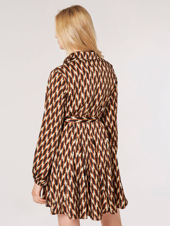 Geometric Satin Shirt Mini Dress, Rust, large